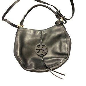 Tory Burch Black Leather Shoulder Hobo with Logo Tassel